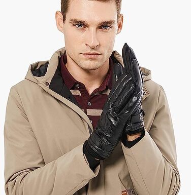 Чоловічі зимові рукавички BISON DENIM зі шкіри, теплі сенсорні рукавички для водіння, чорні, розмір L (BDS169-1B)