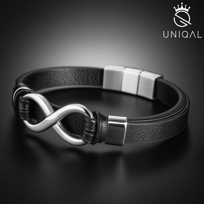 Чоловічий шкіряний браслет UNIQAL 'INFINITY' з нержавіючої сталі, чорний, 23 см, у подарунковій коробці