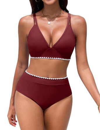 БІКІНІ ЖІНОЧИЙ ДВІ-ШТУЧКИ ПУШ-АП, ВИСОКА ТАЛІЯ, З БІЛИМ КРУЖИВОМ (БОРДОВИЙ, XL)