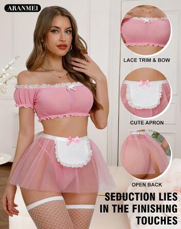 Сексуальна білизна Aranmei для жінок, мереживна, прозора, комплект для косплею, 4-х частинний (з панчохами), рожевий, XL