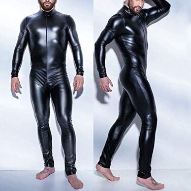 Чорний латексний комбінезон-костюм для чоловіків CoolTing S-5XL з блискавкою та відкритим кроком. Сексуальна спідниця, боді, клубний одяг, спідниця, еротичний костюм, спандекс.