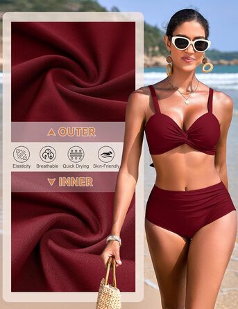 БІКІНІ ЖІНОЧИЙ ДВОШТУЧНИЙ З ВИСОКОЮ ТАЛІЄЮ, ПУШ-АП, З V-ПОДІБНИМ ВИГІНОМ, БУРГУНДІ, M