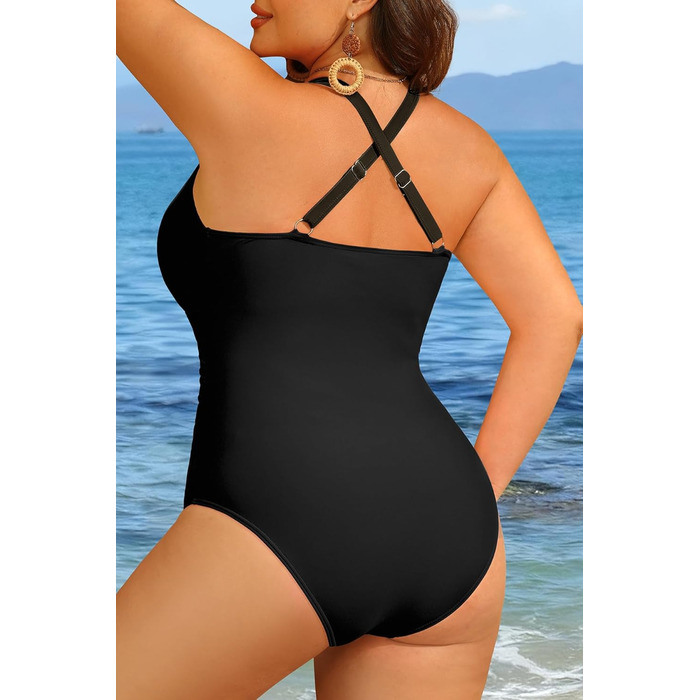 Купальник суцільний жіночий Yonique Plus Size, корейка з шнурівкою, V-подібний виріз, слімінг ефект, чорний