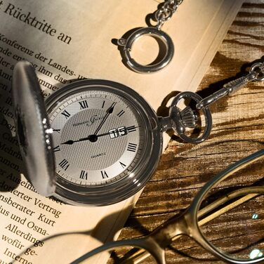 Чоловічий кишеньковий годинник Hermann Jäckle Koblenz II Big Date Quartz 50 мм з великою датою, ланцюжком та дорожнім футляром