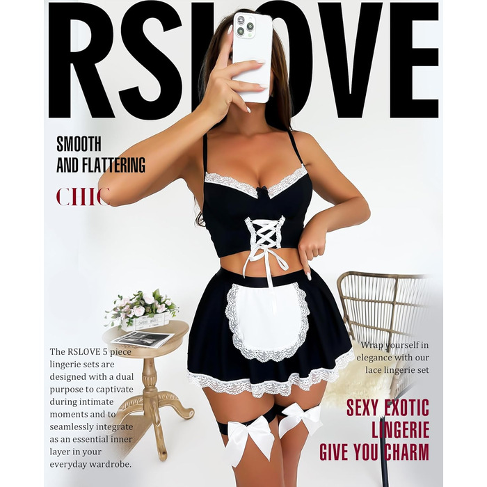 Костюм покоївки RSLOVE для косплею: сексуальна спідниця, сорочка та мереживний халат. Чорний колір.