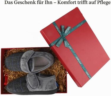 Чоловічі теплі домашні капці TIESTRA для літніх людей з Memory Foam, широка стопа, флісові тальпочки з липучкою (41 EU, сірі в смужку)